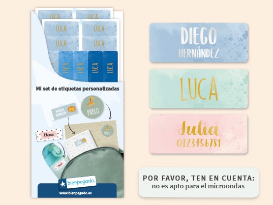 Etiquetas personalizadas pequeñas en dorado/plateado con diseño de acuarela.