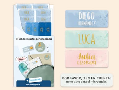 Etiquetas personalizadas pequeñas en dorado/plateado con diseño de acuarela.
