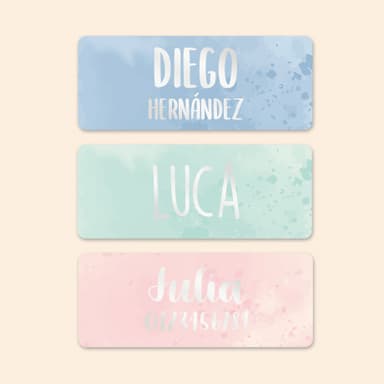 Etiquetas personalizadas pequeñas en dorado/plateado con diseño de acuarela.