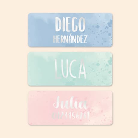 Etiquetas personalizadas pequeñas en dorado/plateado con diseño de acuarela.