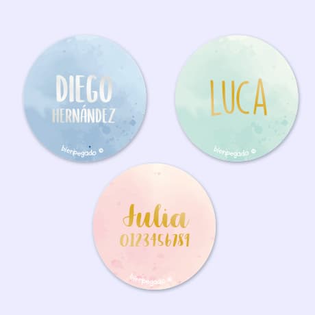 Etiquetas redondas personalizadas en dorado/plateado con diseño de acuarela